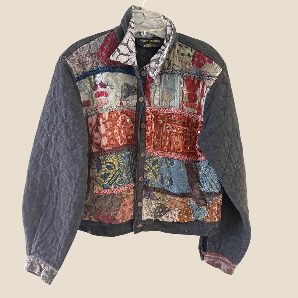 Sacred Threads Womens XL Patchwork Quilted Jacket Boho Mirror Embroidered Cotton